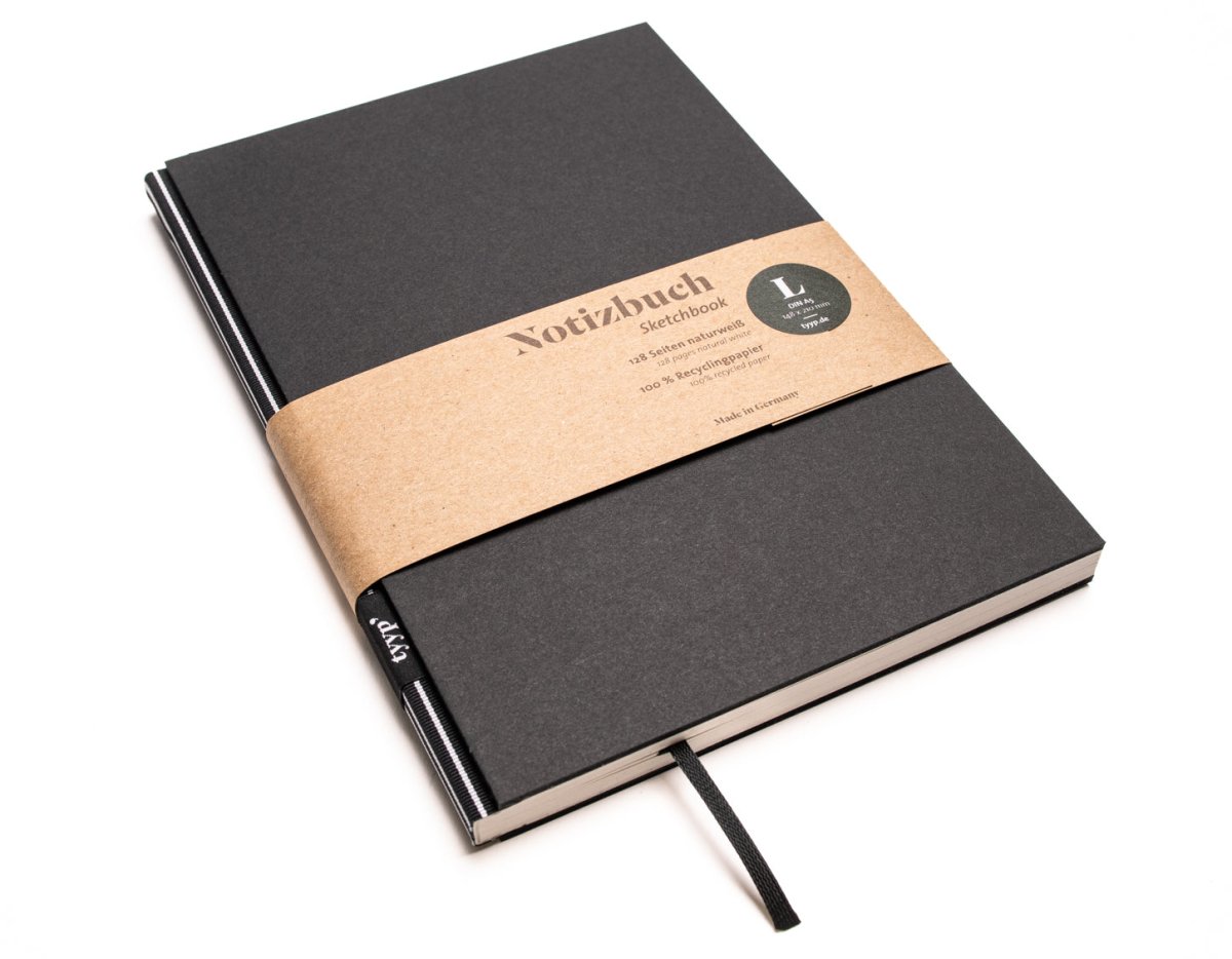 Notizbuch A5 „BerlinBook“ blanko, perforiert, Einband Schwarz | Bundfarbe: Schwarz-Streifen