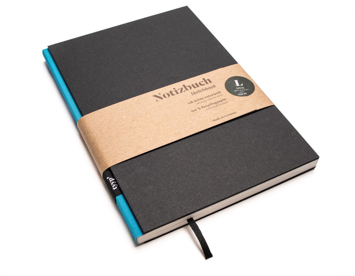 Notizbuch A5 „BerlinBook“ blanko, perforiert, Einband Schwarz | Bundfarbe: Tuerkis