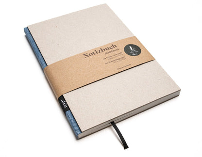Notizbuch A5 „BerlinBook“ blanko, perforiert, Einband Recyclingkarton Grau | Bundfarbe: Jeans