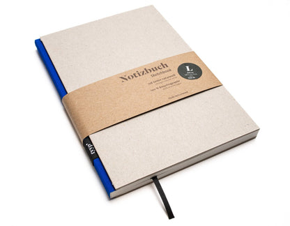 Notizbuch A5 „BerlinBook“ blanko, perforiert, Einband Recyclingkarton Grau | Bundfarbe: Blau Ocean
