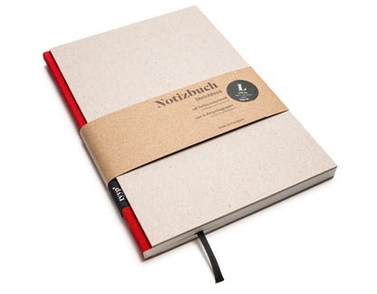 Notizbuch A5 „BerlinBook“ blanko, perforiert, Einband Recyclingkarton Grau | Bundfarbe: Red