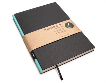 Notizbuch A5 „BerlinBook“ blanko, perforiert, Einband Schwarz | Bundfarbe: Schwarz-Streifen