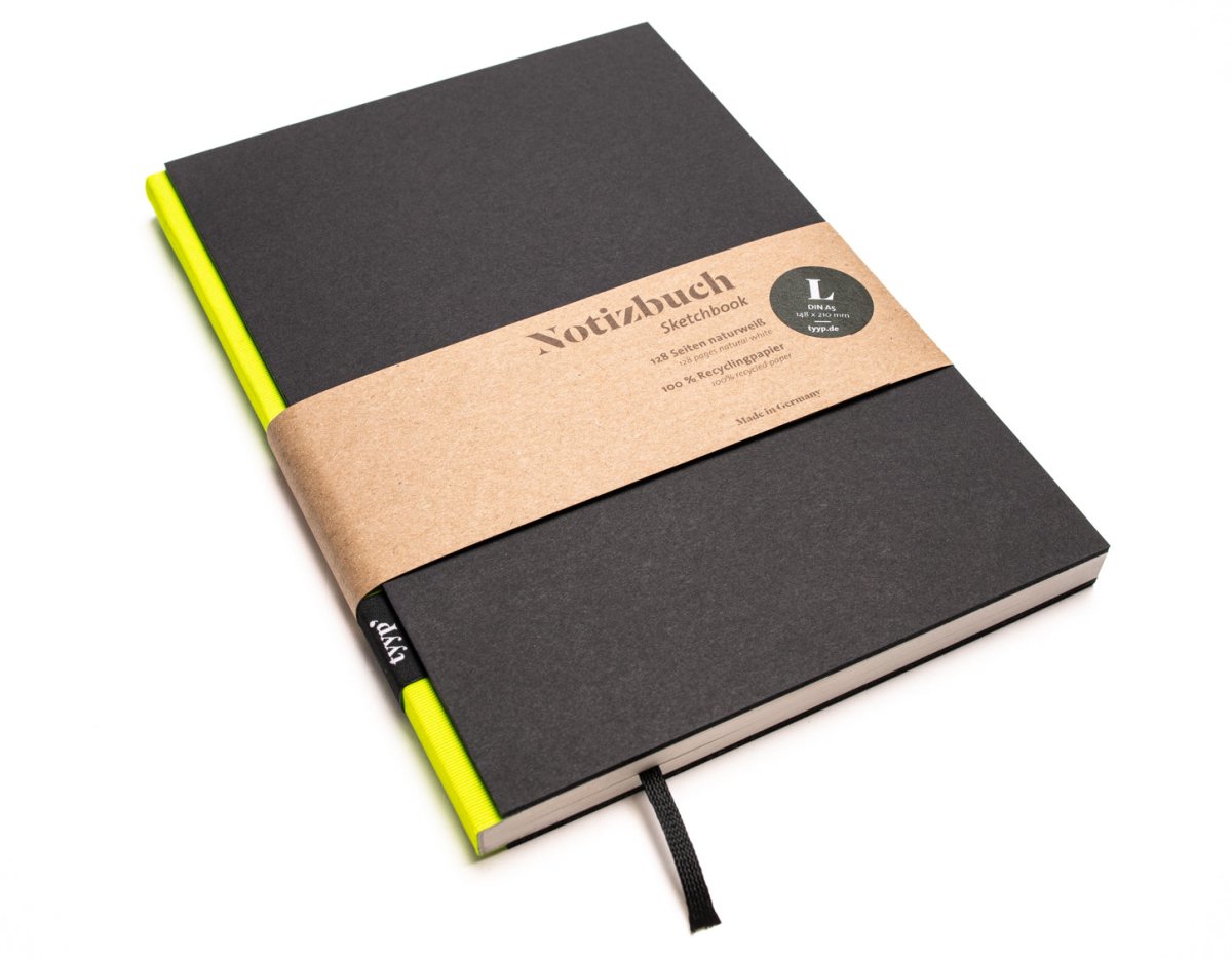 Notizbuch A5 „BerlinBook“ blanko, perforiert, Einband Schwarz | Bundfarbe: Neon-Gelb