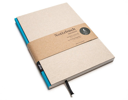 Notizbuch A5 „BerlinBook“ blanko, perforiert, Einband Recyclingkarton Grau | Bundfarbe: Tuerkis
