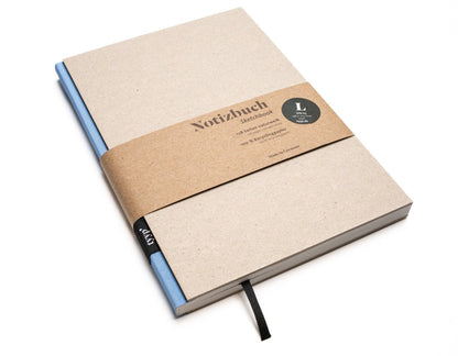 Notizbuch A5 „BerlinBook“ blanko, perforiert, Einband Recyclingkarton Grau | Bundfarbe: BabyBlau