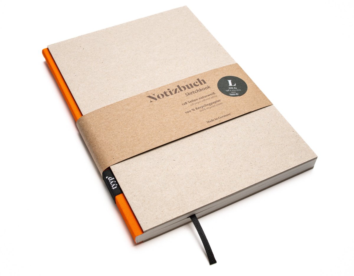 Notizbuch A5 „BerlinBook“ blanko, perforiert, Einband Recyclingkarton Grau | Bundfarbe: Orange