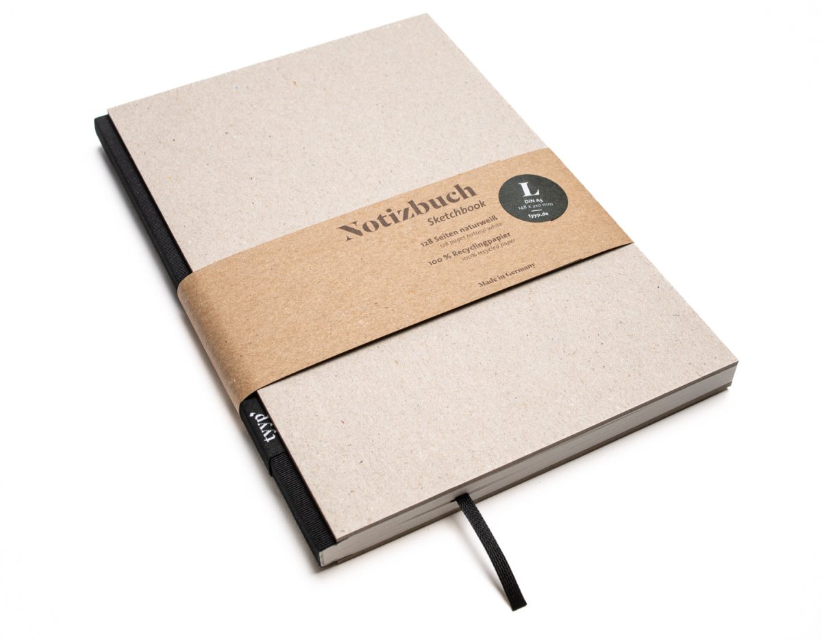 Notizbuch A5 „BerlinBook“ blanko, perforiert, Einband Recyclingkarton Grau | Bundfarbe: Black