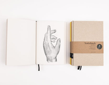 A5 BerlinBook Notizbuch offen, blanko Seiten, perforierte Blätter, Lesezeichenband