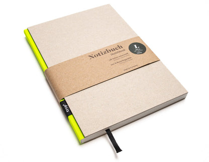 Notizbuch A5 „BerlinBook“ blanko, perforiert, Einband Recyclingkarton Grau | Bundfarbe: Neon-Gelb