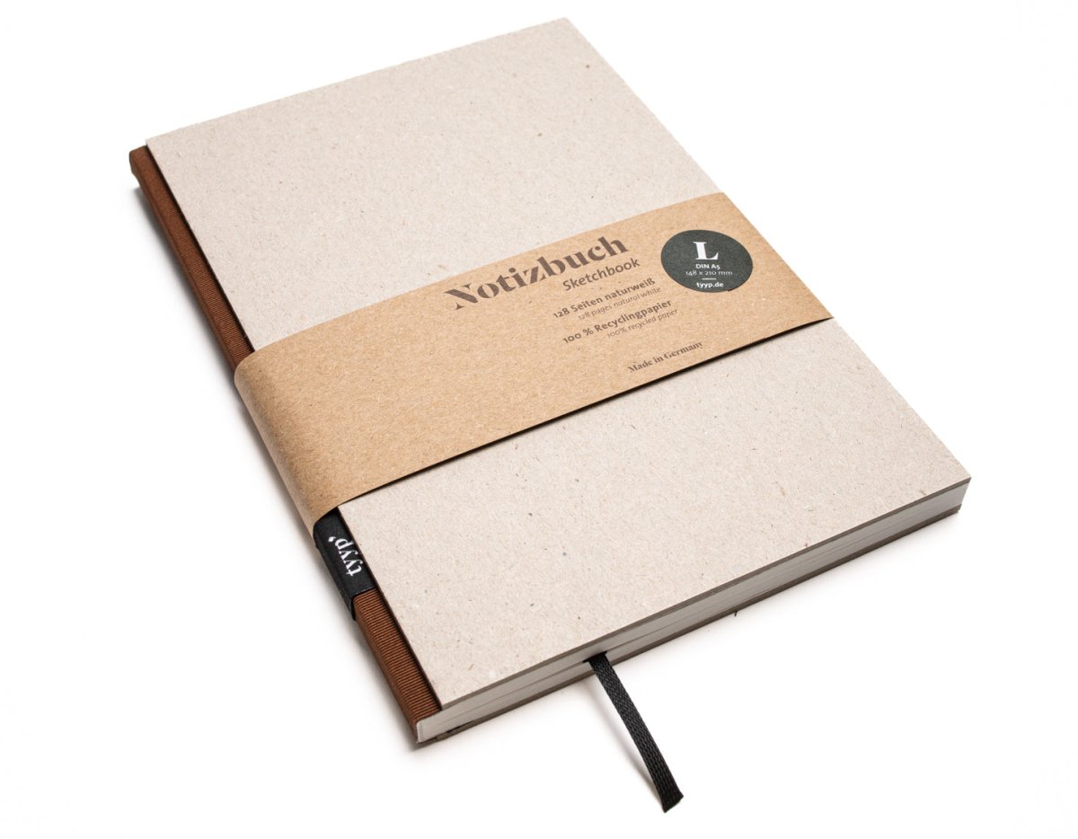 Notizbuch A5 „BerlinBook“ blanko, perforiert, Einband Recyclingkarton Grau | Bundfarbe: Braun-Kaffee