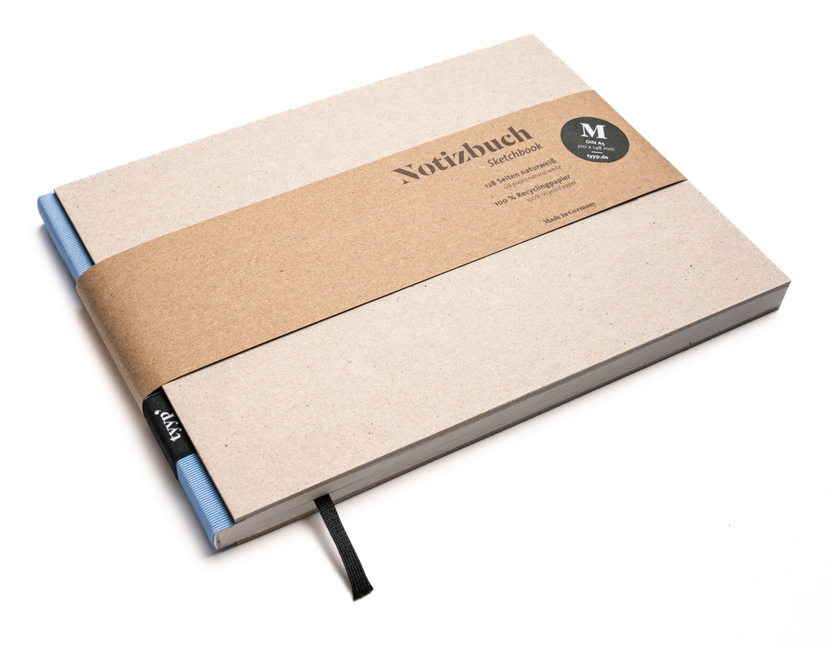 Notizbuch A5 Querformat „BerlinBook“ blanko, perforiert, Einband Recyclingkarton Grau | Bundfarbe: BabyBlau - tyyp
