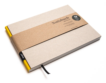 Notizbuch A5 Querformat „BerlinBook“ blanko, perforiert, Einband Recyclingkarton Grau | Bundfarbe: Gelb - tyyp