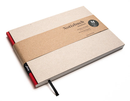 Notizbuch A5 Querformat „BerlinBook“ blanko, perforiert, Einband Recyclingkarton Grau | Bundfarbe: Rot