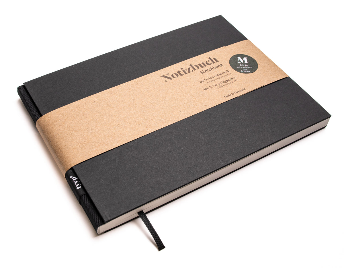 Notizbuch A5 Querformat „BerlinBook“ blanko, perforiert, Einband Schwarz | Bundfarbe: Schwarz