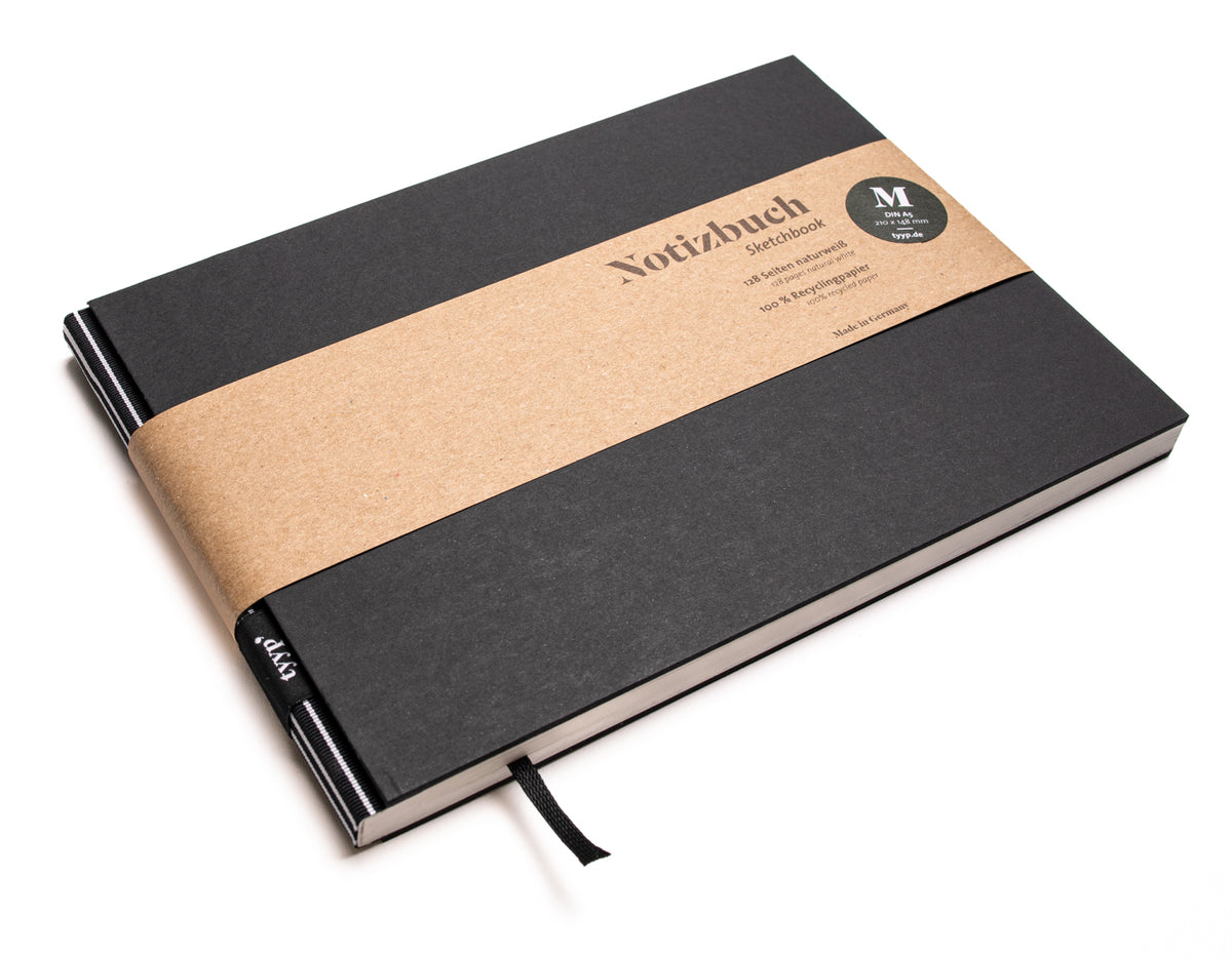 Notizbuch A5 Querformat „BerlinBook“ blanko, perforiert, Einband Schwarz | Bundfarbe: gestreift