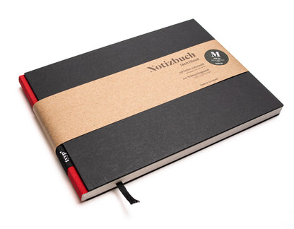 Notizbuch A5 Querformat „BerlinBook“ blanko, perforiert, Einband Schwarz | Bundfarbe: Rot