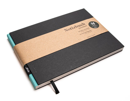 Notizbuch A5 Querformat „BerlinBook“ blanko, perforiert, Einband Schwarz | Bundfarbe: Maldive - tyyp