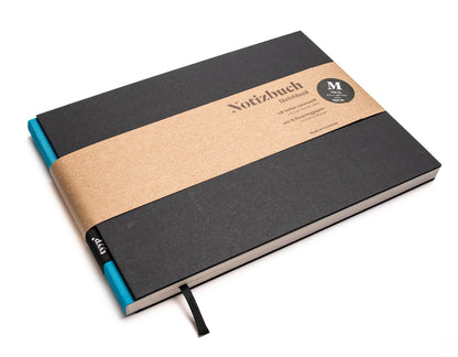 Notizbuch A5 Querformat „BerlinBook“ blanko, perforiert, Einband Schwarz | Bundfarbe: Tuerkis - tyyp