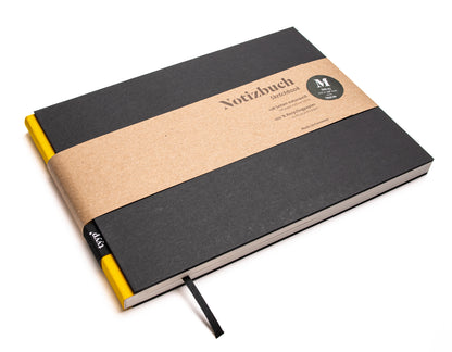 Notizbuch A5 Querformat „BerlinBook“ blanko, perforiert, Einband Schwarz | Bundfarbe: Gelb