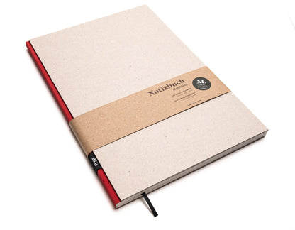 Notizbuch A4 BerlinBook, blanko und perforiert, Einband Recyclingkarton Grau, Bundfarbe Rot