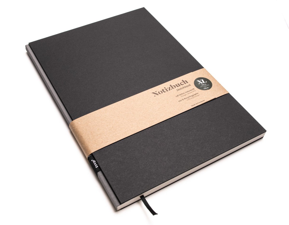 Notizbuch A4 BerlinBook, blanko und perforiert, Einband Schwarz, Bundfarbe Grau