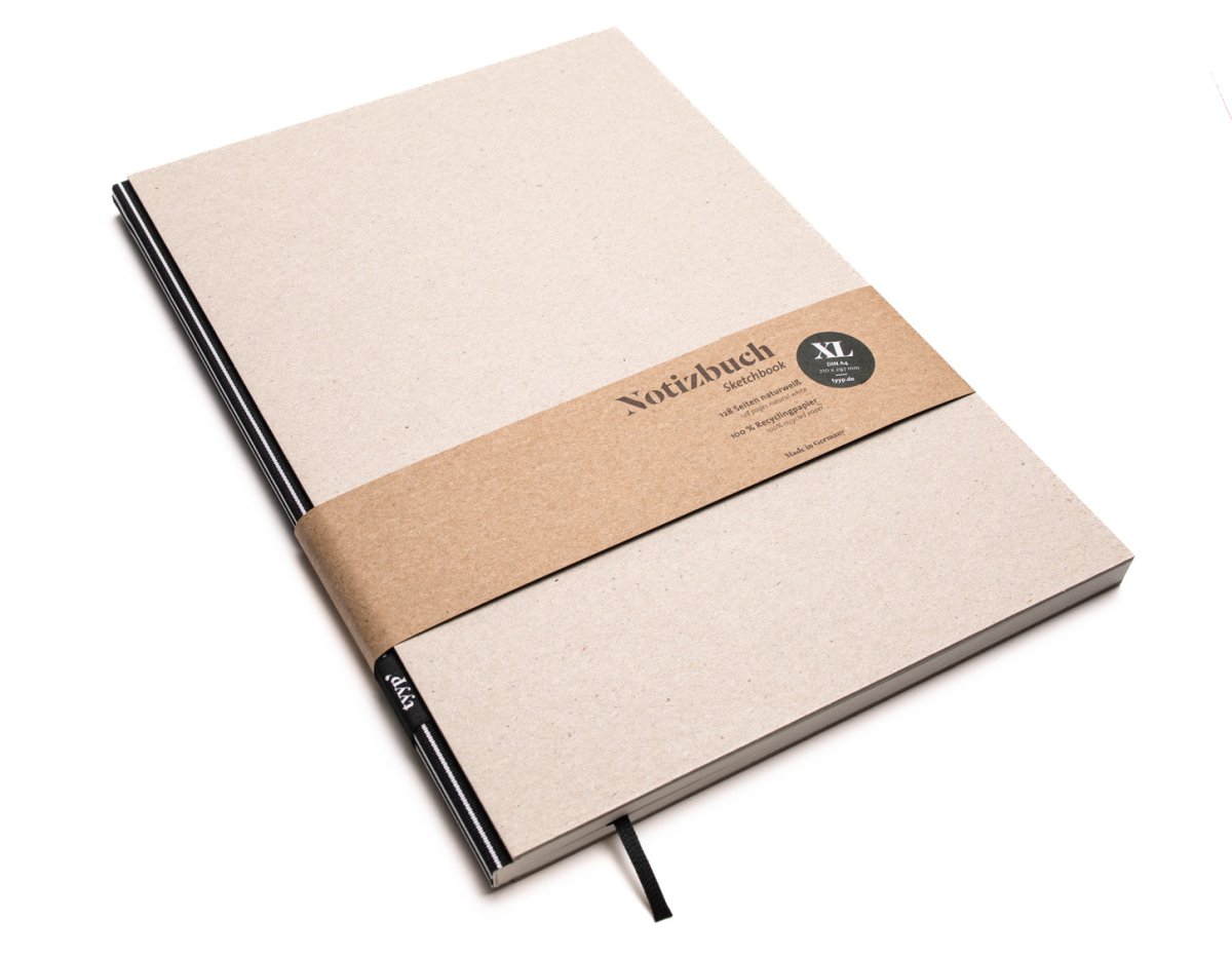 Notizbuch A4 BerlinBook, blanko und perforiert, Einband Recyclingkarton Grau, Bundfarbe Gestreift