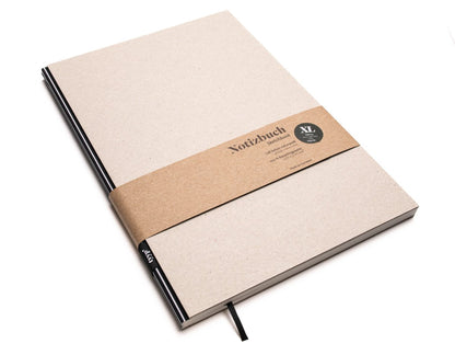 Notizbuch A4 BerlinBook, blanko und perforiert, Einband Recyclingkarton Grau, Bundfarbe Gestreift