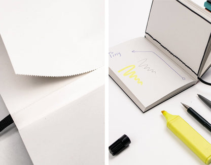 Notizbuch A6 „BerlinBook“ offen, blanko Seiten aus Recyclingpapier, perforierte Blätter, Detailansicht