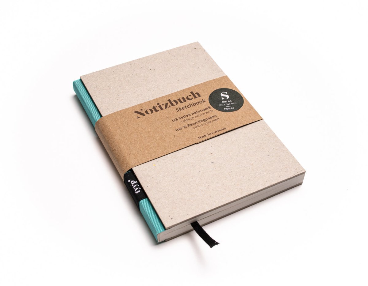Notizbuch A6 „BerlinBook“ blanko, perforiert, Einband Grau Recyclingkarton | Bundfarbe Maldive