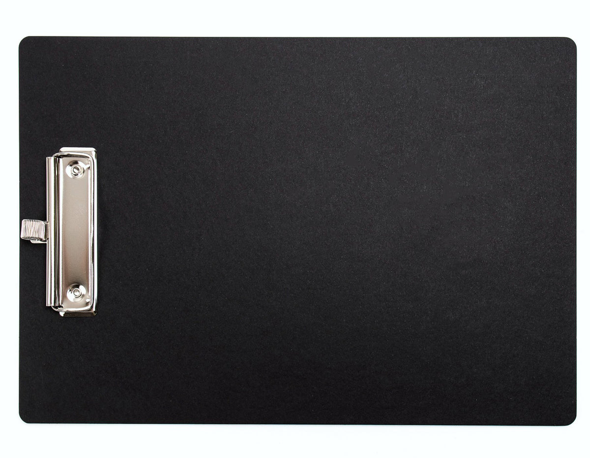Klemmbrett A4 schwarz, Querformat Detail, glatte Oberfläche aus Recyclingpappe