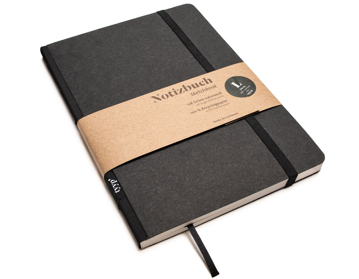 Notizbuch A5 „Klassik“ blanko, perforiert, mit Gummiband, Einband Schwarz | Bundfarbe: Black