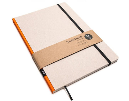 Notizbuch A4 gross „Klassik“ blanko, Abreißperforation, Einband Recyclingkarton Grau | Bundfarbe: Orange