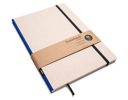 Notizbuch A4 gross „Klassik“ blanko, Abreißperforation, Einband Recyclingkarton Grau | Bundfarbe: Blau Ocean