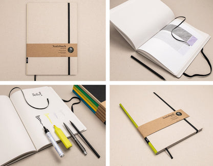 Notizbuch A4 „Klassik“ Details: Cover, Papier, Stift, saubere Kanten, 100% Recyclingpapier