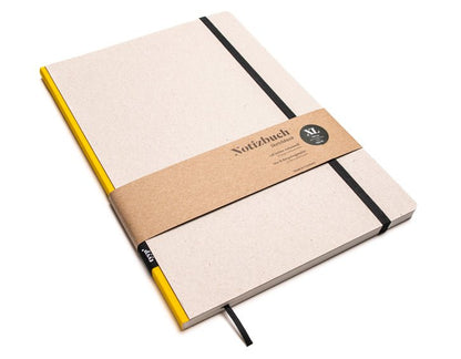 Notizbuch A4 gross „Klassik“ blanko, Abreißperforation, Einband Recyclingkarton Grau | Bundfarbe: Gelb