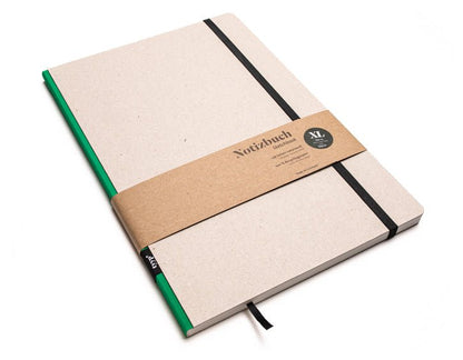 Notizbuch A4 gross „Klassik“ blanko, Abreißperforation, Einband Recyclingkarton Grau | Bundfarbe: Gruen