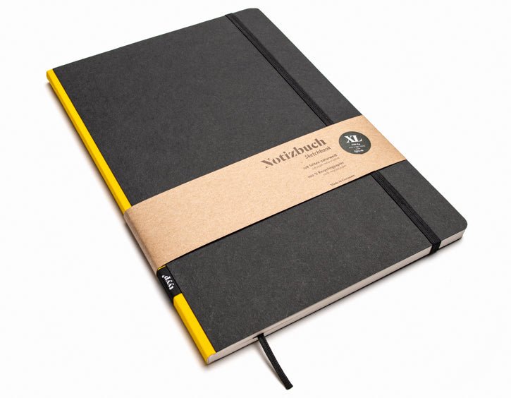 Notizbuch A4 gross „Klassik“ blanko, Abreißperforation, Einband Schwarz | Bundfarbe: Gelb