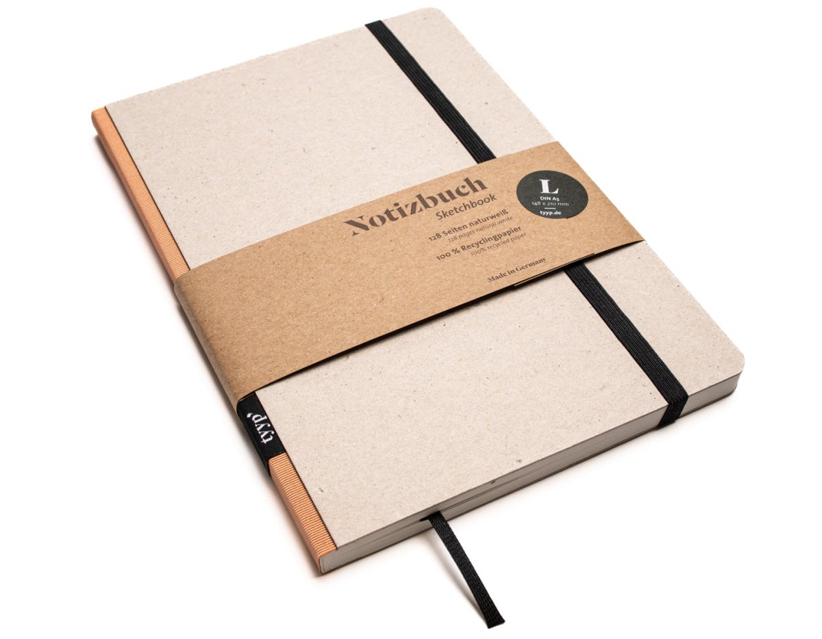 Notizbuch A5 „Klassik“ blanko, perforiert, mit Gummiband, Einband Grau Recyclingkarton  | Bundfarbe: Pfirsich