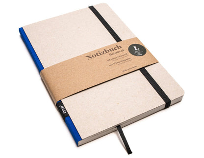 Notizbuch A5 „Klassik“ blanko, perforiert, mit Gummiband, Einband Grau Recyclingkarton | Bundfarbe: Blau Ocean