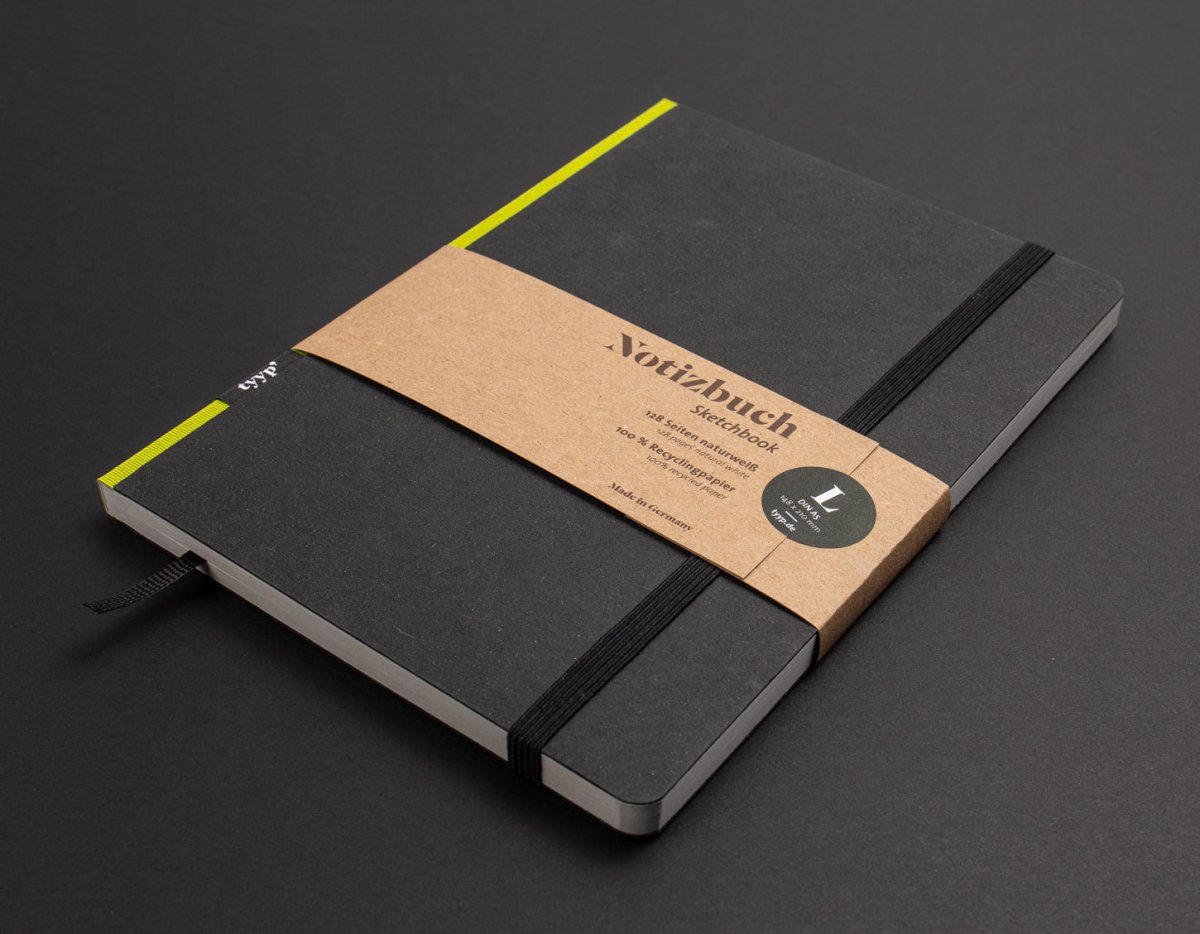 Notizbuch A5 „Klassik“ mit farbigem Gummiband, blanko und perforiert, Design-Notizbuch