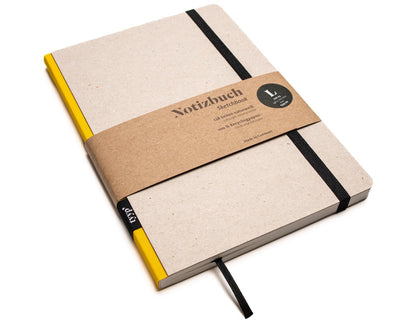 Notizbuch A5 „Klassik“ blanko, perforiert, mit Gummiband, Einband Grau Recyclingkarton  | Bundfarbe: Gelb