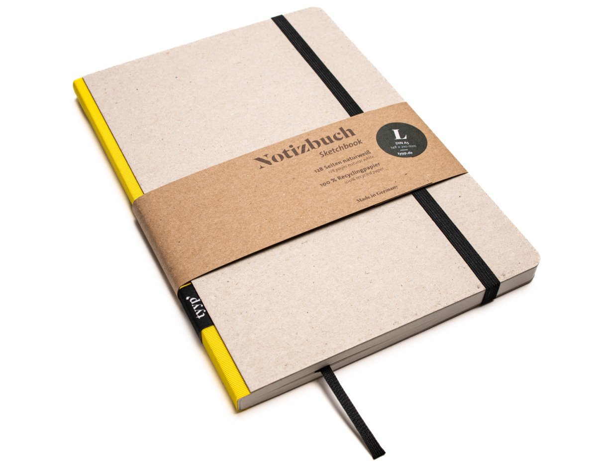 Notizbuch A5 „Klassik“ blanko, perforiert, mit Gummiband, Einband Grau Recyclingkarton  | Bundfarbe: Jeans