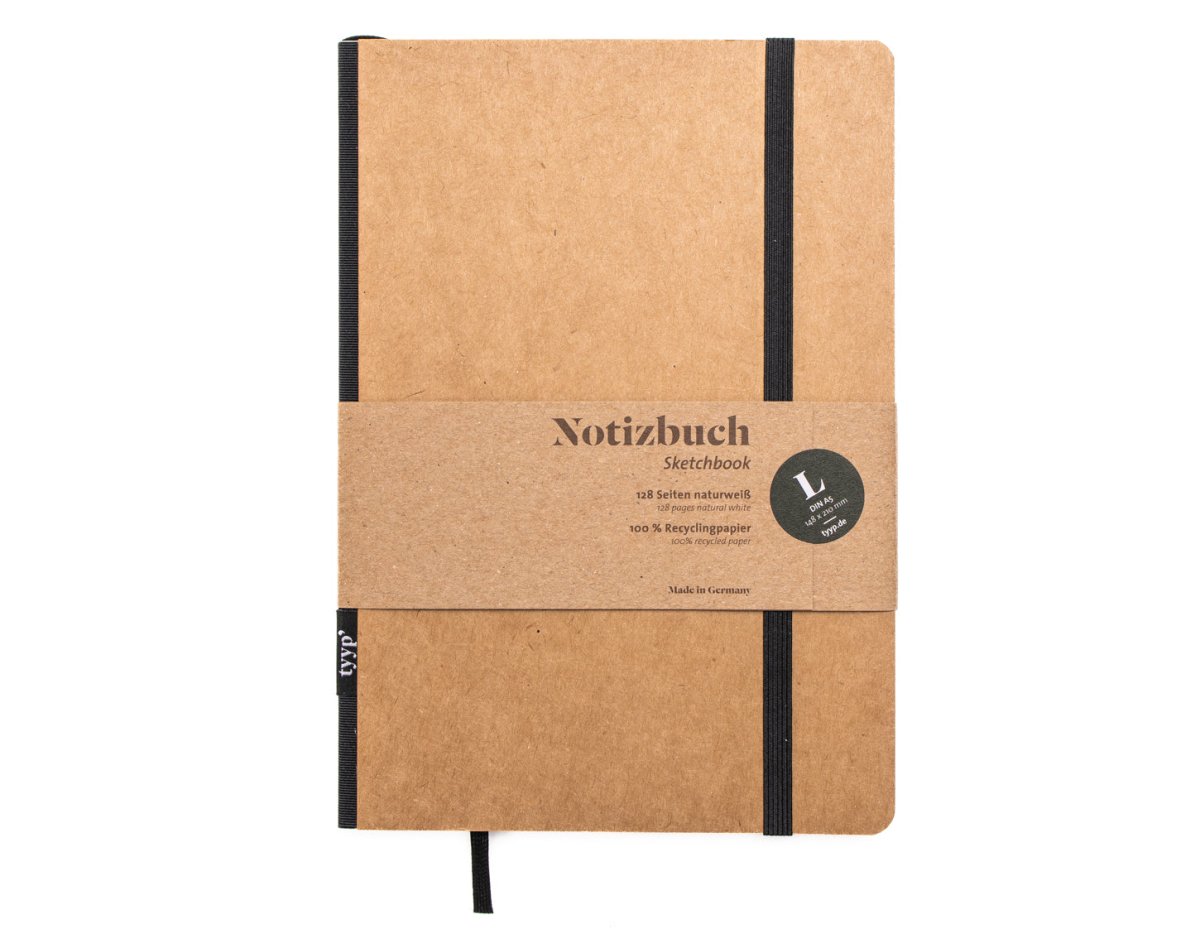 Notizbuch A5 „Klassik“ blanko, perforiert, mit Gummiband, Einband Natur Design | Bundfarbe: Black