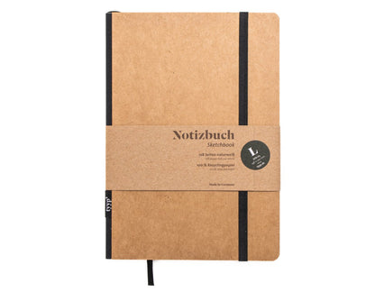 Notizbuch A5 „Klassik“ blanko, perforiert, mit Gummiband, Einband Natur Design | Bundfarbe: Black