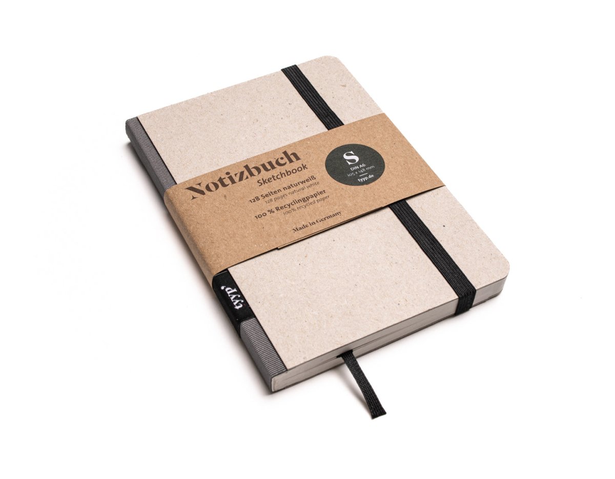 Notizbuch A6 „Klassik“ blanko, Abreißperforation, Einband Recyclingkarton Grau | Bundfarbe: Carbon-Grau