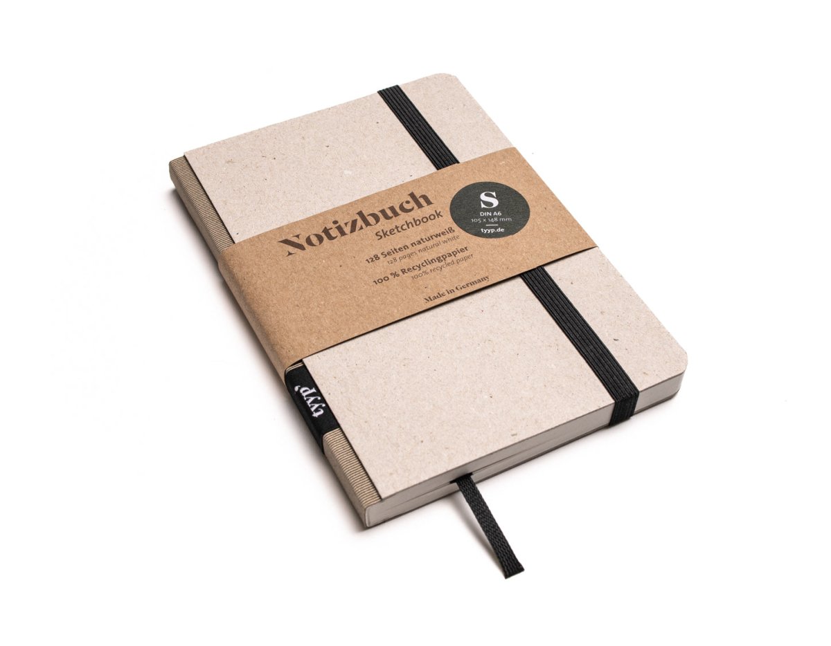 Notizbuch A6 „Klassik“ blanko, Abreißperforation, Einband Recyclingkarton Grau | Bundfarbe: Latte