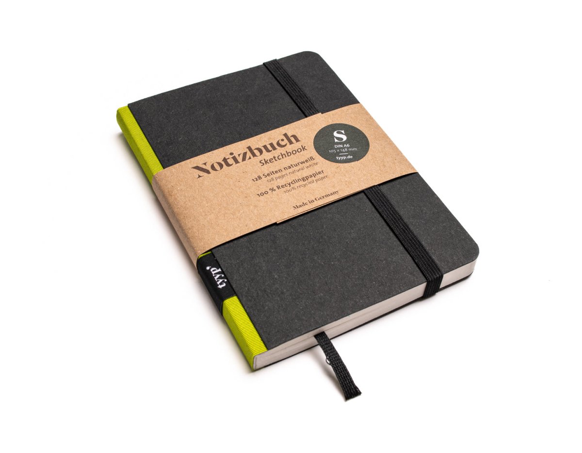 Notizbuch A6 „Klassik“ blanko, Abreißperforation, Einband Schwarz | Bundfarbe: Limetten-Gruen