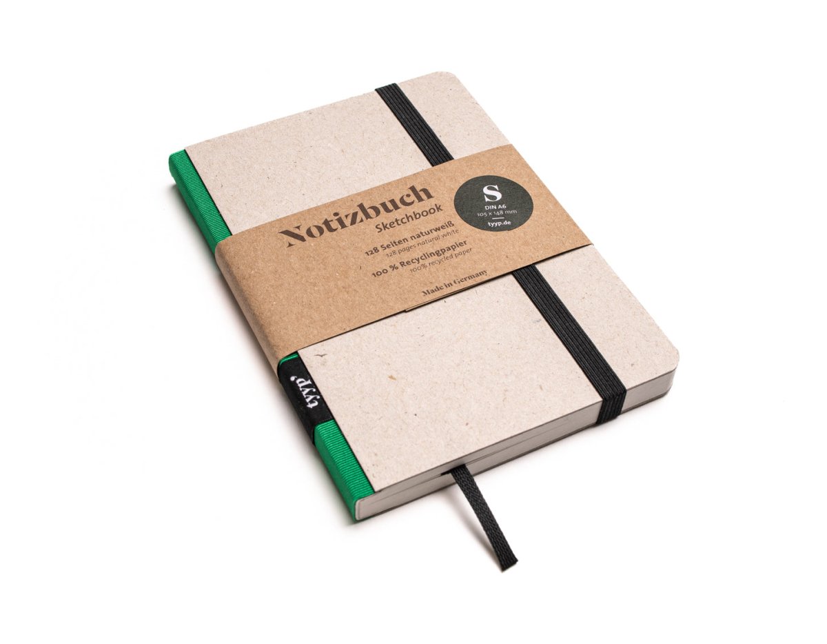 Notizbuch A6 „Klassik“ blanko, Abreißperforation, Einband Recyclingkarton Grau | Bundfarbe: Gruen