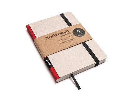 Notizbuch A6 „Klassik“ blanko, Abreißperforation, Einband Recyclingkarton Grau | Bundfarbe: Red