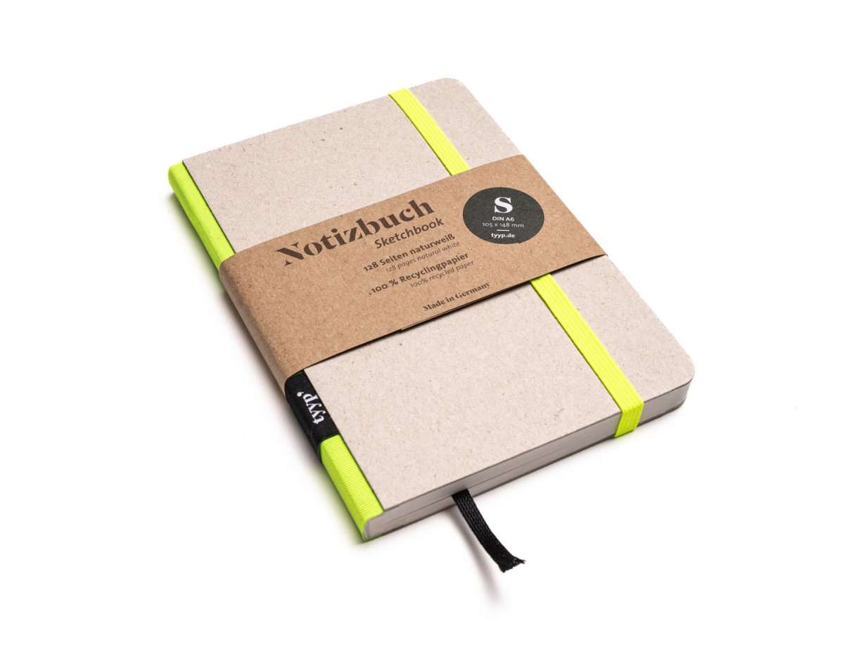 Notizbuch A6 „Klassik“ blanko, Abreißperforation, Einband Recyclingkarton Grau | Bundfarbe: Neon-Gelb